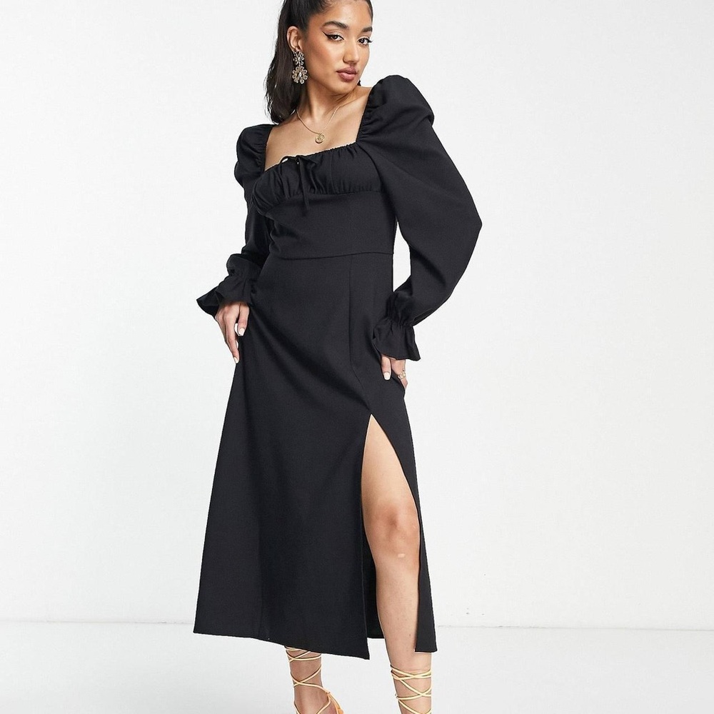 The Frolic midaxi milkmaid dress in linen with tie bust detail